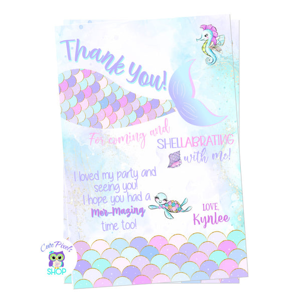 Mermaid thank you card with a mermaid tail and mermaid scales in cute colors and design