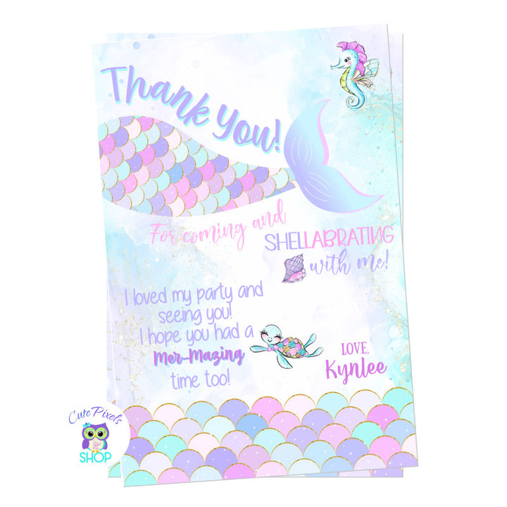 Mermaid thank you card with a mermaid tail and mermaid scales in cute colors and design