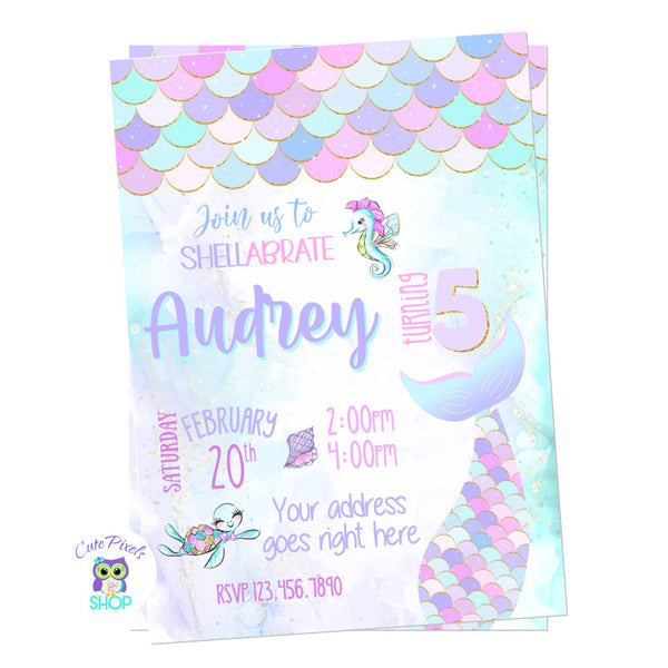 Mermaid invitation with colorful scales at the top and gold, perfect for a a Mermaid Birthday party!