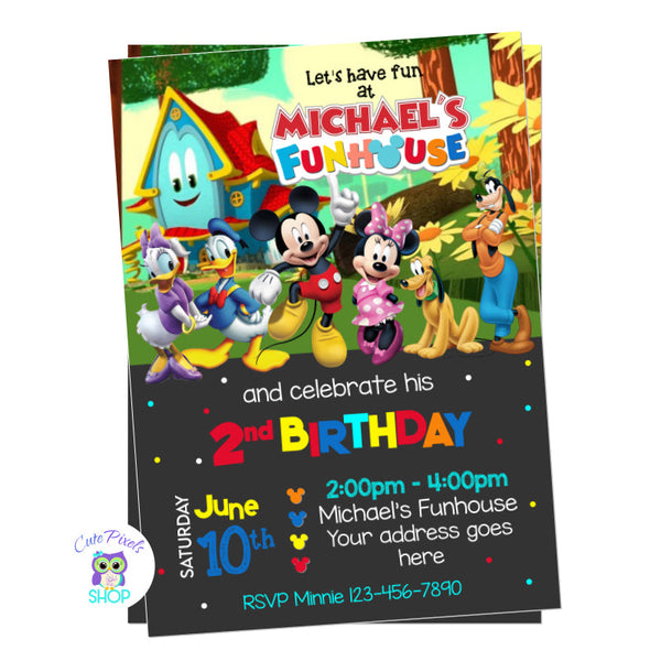 Mickey Mouse Funhouse Invitation with Funny , Mickey Mouse, Minnie, Donald, Daisy, Pluto and Goofy. Black design