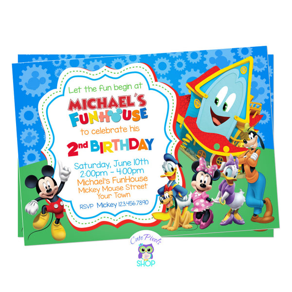 Mikey Mouse Funhouse birthday invitation, perfect for your Mickey Mouse Birthday party with Mickey, Minnie, Donald, Daisy, Pluto and Goofy and the Funhouse ready to party!