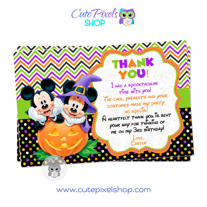 Mickey Mouse Halloween Thank You Card with Mickey Mouse and Minnie in a Pumpkin and Halloween costumes.