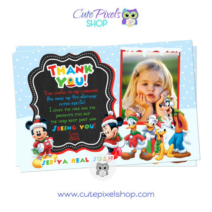 Christmas Thank You Card. Mickey Mouse Clubhouse Christmas card in a Snow background with Mickey Mouse and Clubhouse friends. Text in chalkboard background, includes child's Photo