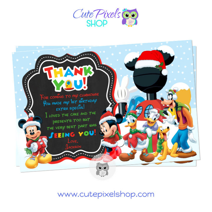 Christmas Thank You Card. Mickey Mouse Clubhouse Christmas card in a Snow background with Mickey Mouse and Clubhouse friends. Text in chalkboard background.