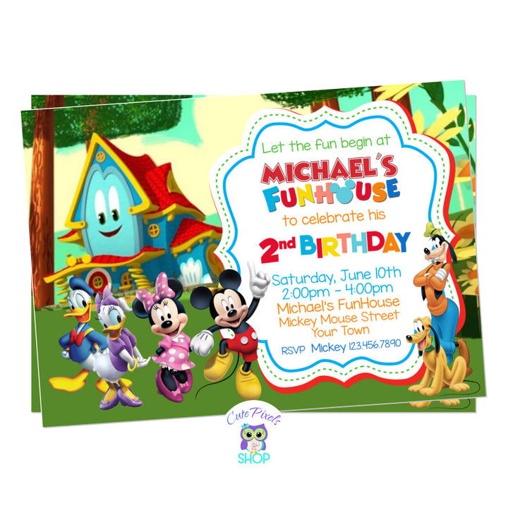Mickey Mouse Funhouse Invitation with Funny, Mickey, Minnie, Goofy, Donald, Daisy and pluto at the funhouse. Perfect for a Mickey Mouse Birthday Party! House Design