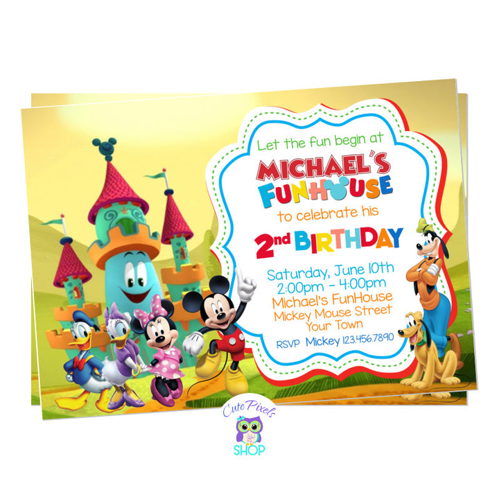Mickey Mouse Funhouse Invitation with Funny, Mickey, Minnie, Goofy, Donald, Daisy and pluto at the funhouse. Perfect for a Mickey Mouse Birthday Party! Castle Design