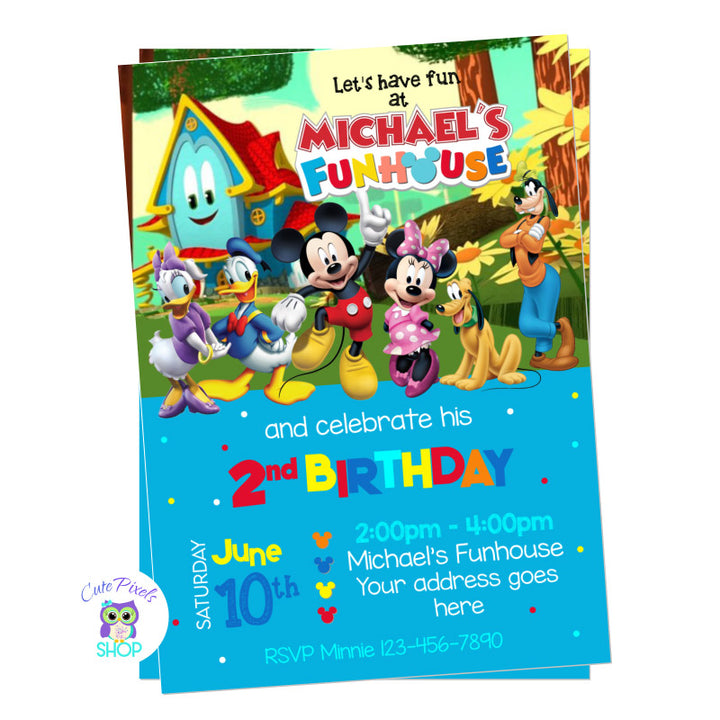 Mickey Mouse Funhouse Invitation with Funny , Mickey Mouse, Minnie, Donald, Daisy, Pluto and Goofy.