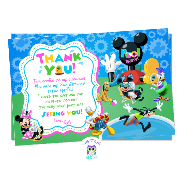 Mickey Thank you Card for a Pool party. All Mickey Mouse clubhouse friends are enjoying summer in a pool party. Mickey Mouse, Minnie Mouse, Donald, Daisy, goofy and Pluto next to a pool wearing swimwear. Pink design