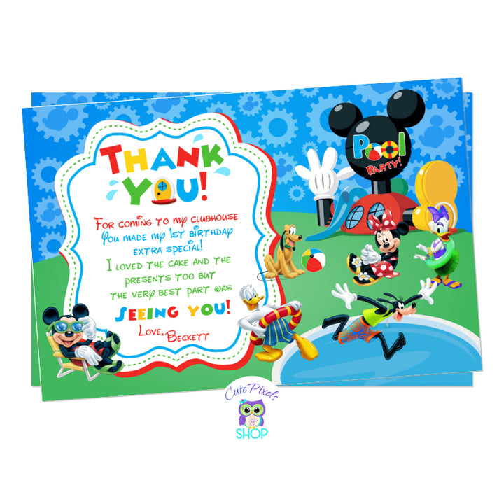 Mickey Thank you Card for a Pool party. All Mickey Mouse clubhouse friends are enjoying summer in a pool party. Mickey Mouse, Minnie Mouse, Donald, Daisy, goofy and Pluto next to a pool wearing swimwear. Red design