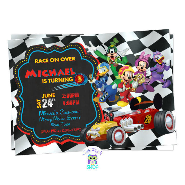 Mickey Mouse roadster racers invitation with all Mickey Mouse Clubhouse and Mickey Mouse Mixed-up adventures friends. Racing flag as background. Chalkboard Design