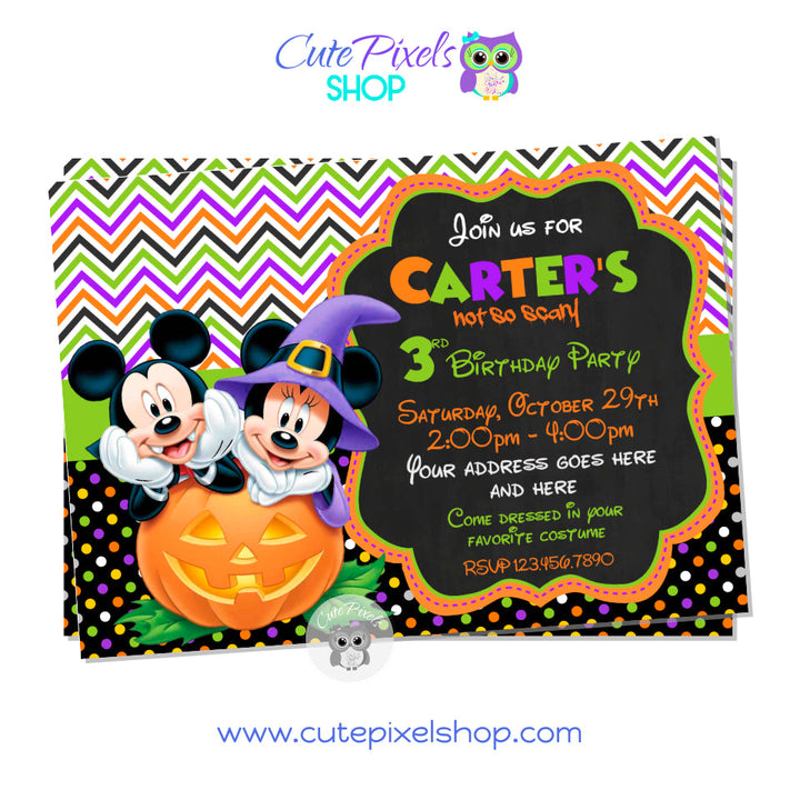 Mickey Mouse Halloween Invitation with Mickey Mouse and Minnie in a Pumpkin and Halloween costumes. Chalkboard background