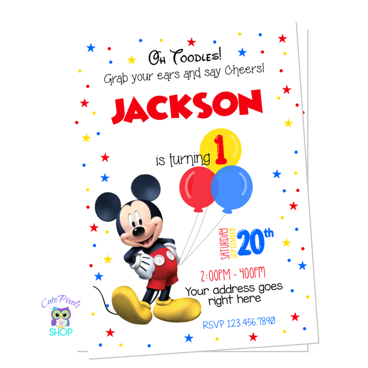 Birthday invitation with Mickey Mouse holding balloons. Red, Blue and Yellow Stars.