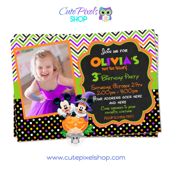 Mickey Mouse Halloween Invitation with Mickey Mouse and Minnie in a Pumpkin and Halloween costumes. Chalkboard background. Includes child's photo