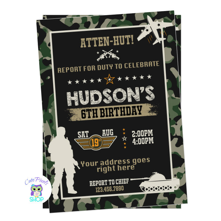 Military Invitation in a Camouflage background with military tank, airplane, soldier and military symbols. Black Design
