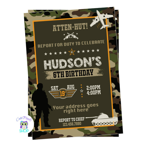 Military Invitation in a Camouflage background with military tank, airplane, soldier and military symbols. Brown Design