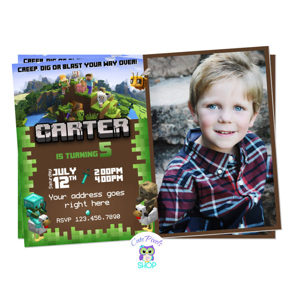 Minecraft Invitation with  block designs and the Minecraft characters. Includes child's photo