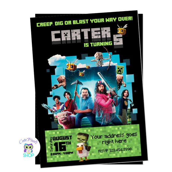 Minecraft invitation from the Minecraft Movie with all movie characters and lots of Minecraft characters