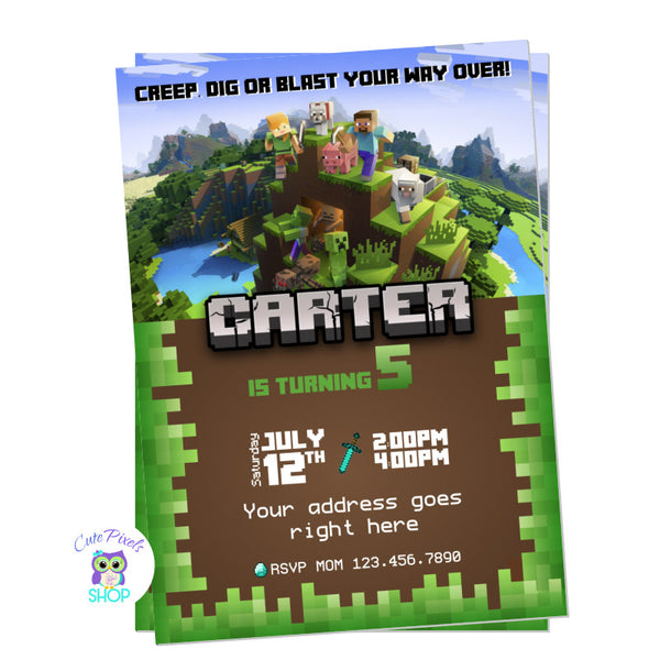 Minecraft Invitation with  block designs and the Minecraft characters.