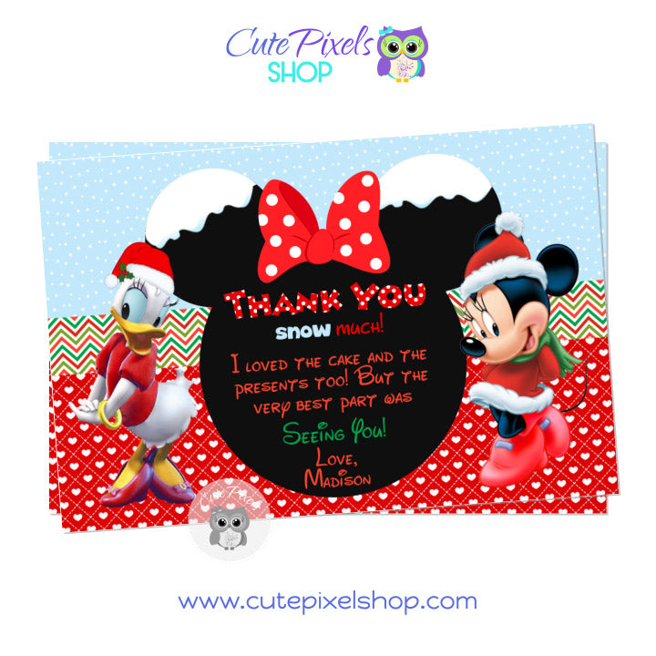 Minnie Mouse and Daisy Duck Christmas Thank You Card. Minnie and Daisy wearing a christmas outfit next to a Minnie Head with bow having al party info in a mix of red, green and white for a Christmas mood. Includes child's photo.