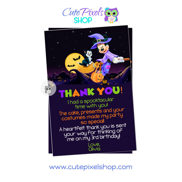 Minnie Mouse Halloween Thank You Card. Minnie dressed as cute witch in purple flying in a broom in a Halloween night. Perfect for a not so scary halloween birthday
