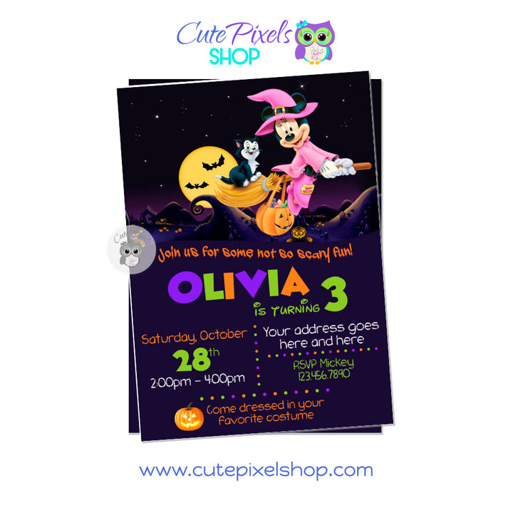 Minnie Mouse Halloween Invitation. Minnie dressed as cute witch in pink flying in a broom in a Halloween night. Perfect for a not so scary halloween invitation.