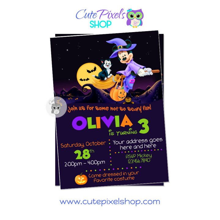Minnie Mouse Halloween Invitation. Minnie dressed as cute witch in purple flying in a broom in a Halloween night. Perfect for a not so scary halloween invitation.