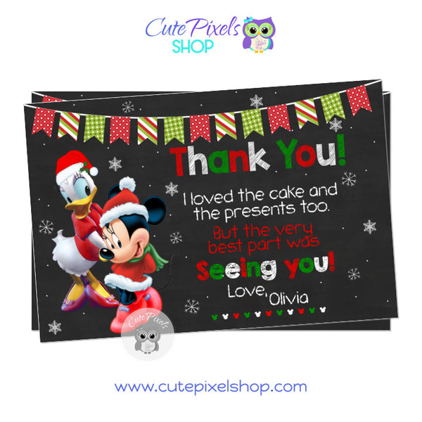 Minnie Mouse and Daisy Duck Christmas Thank you Card. Christmas card with Minnie and Daisy in a chalkboard background with snowflakes, a Christmas bunting banner and text in red, green and white, perfect for a christmas celebration with Minnie and Daisy.