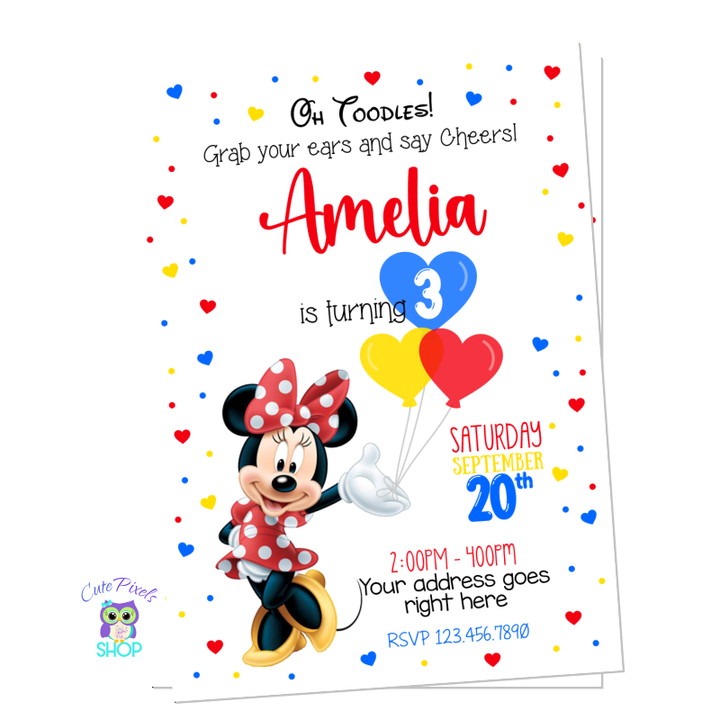 Birthday invitation with Minnie Mouse holding balloons. Red, Blue and Yellow Hearts.
