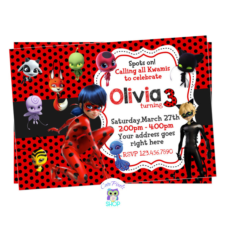 Miraculous Ladybug invitation with a lot of Kwamis and Cat noir. Perfect for ladybug and all her kwami friends