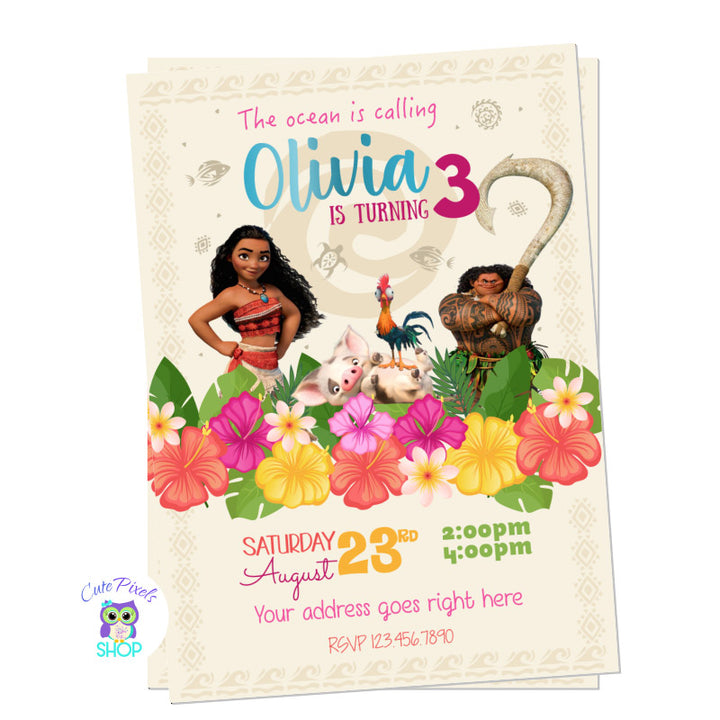 Moana Invitation with Hawaiian Flowers, Pua, Hei and Maui
