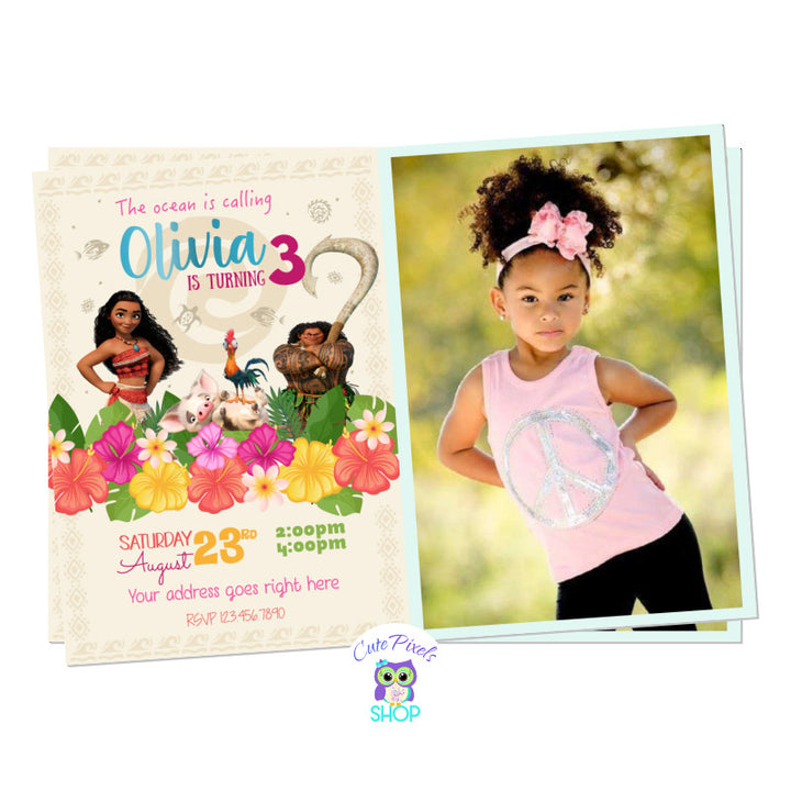 Moana Invitation with Hawaiian Flowers, Pua, Hei and Maui. Includes child's photo