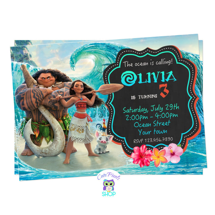 Moana invitation with waves background, Maui, Hei Hei. Perfect for a Moana Birthday Party. Includes child's photo