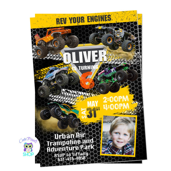 Monster Jam invitation with a lot of Monster Jam trucks. El toro loco, Grave Digger, Megalodon, Blue Thunder. Includes child's photo