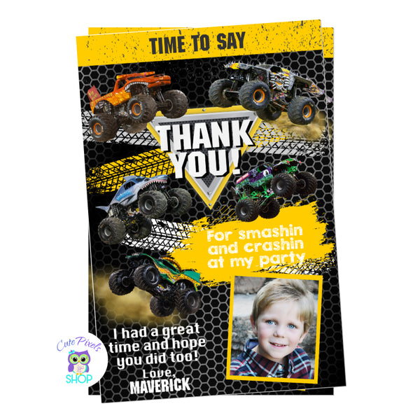 Monster Jam thank you card with a lot of monster trucks perfect for a monster jam birthday. Includes child's photo