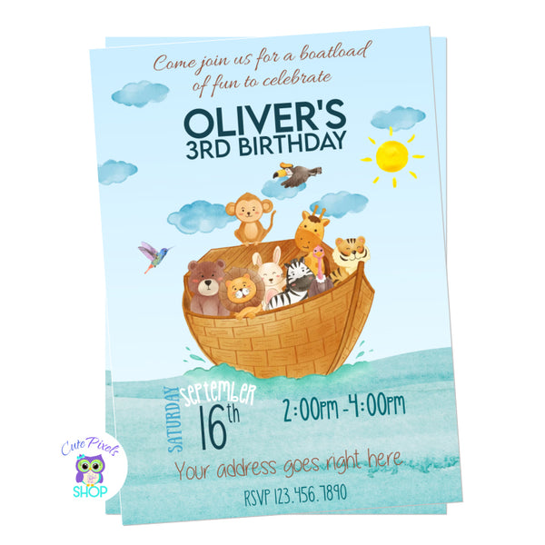 Noah's Ark Birthday Invitation full of cute animals in a watercolor design.