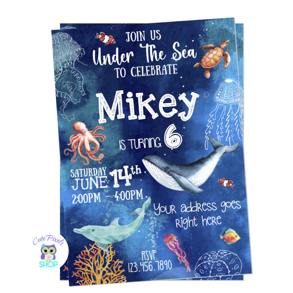 Under The Sea Invitation, Sea birthday invitation with Ocean animals in watercolors, dolphin, octopus, whale, jellyfish and some cute fish in an ocean background