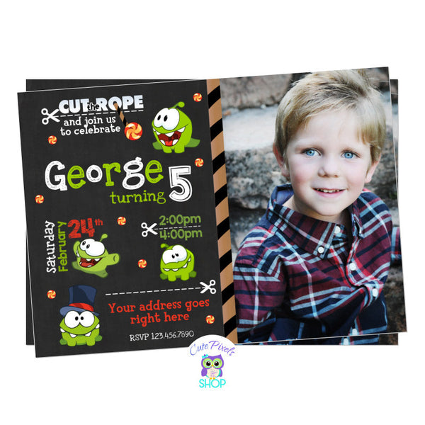 Om Nom Invitation. Cut the rope invitation with Om Nom in a chalkboard background. Includes child's photo