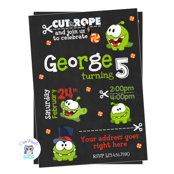 Om Nom Invitation. Cut the rope invitation with Om Nom in a chalkboard background.