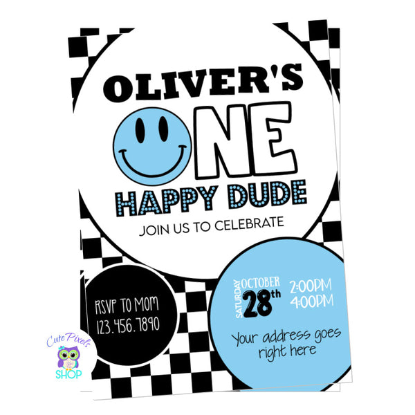 Smiley Invitation, one Happy dude or one happy girl invitation, perfect for a first birthday smiley party!. Blue Design