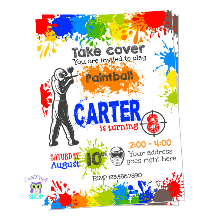 Paintball invitation with lots of colorful splashes from paintball shots. Boy design