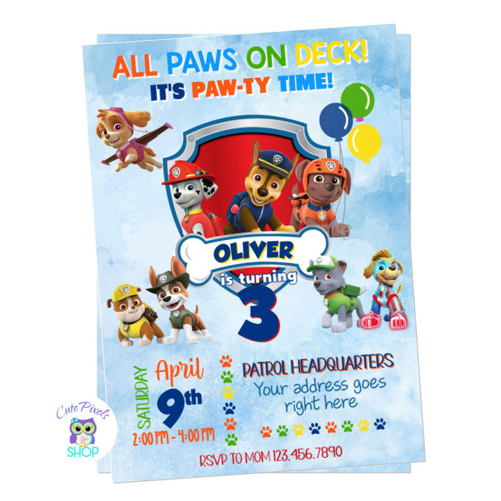 Paw Patrol invitation in a blue watercolor background with many Paw Patrol characters, Chase, Marshall, Rocky, Rubble, Tracker and tuck!