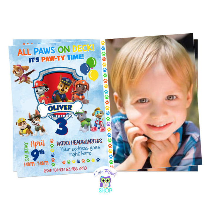 Paw Patrol invitation in a blue watercolor background with many Paw Patrol characters, Chase, Marshall, Rocky, Rubble, Tracker and tuck! Includes child's photo