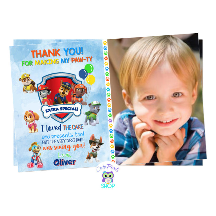 Paw Patrol Thank You card in a blue watercolor background with Chase, Marshall, Zuma,  Robbleu, Rocky and many Paw Patrol characters. Includes child's photo