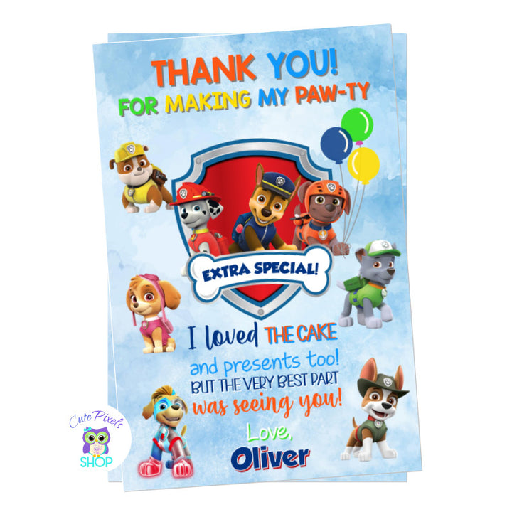 Paw Patrol Thank You card in a blue watercolor background with Chase, Marshall, Zuma,  Robbleu, Rocky and many Paw Patrol characters. 