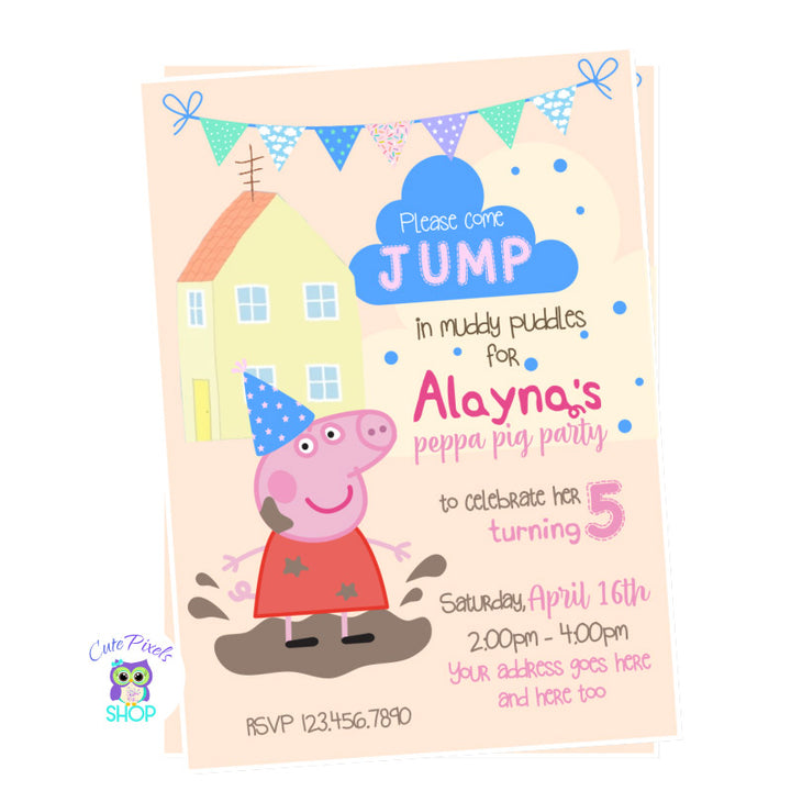 Peppa Pig Muddy Puddle Invitation with Peppa Pig, her house, a party hat and muddy puddle. Peach design