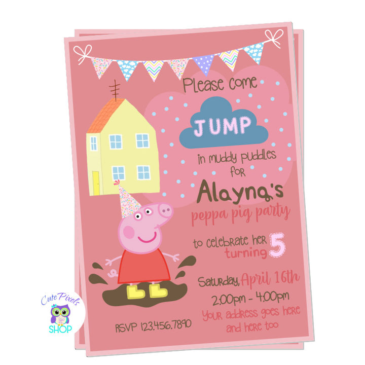 Peppa Pig Muddy Puddle Invitation with Peppa Pig, her house, a party hat and muddy puddle. Pink design