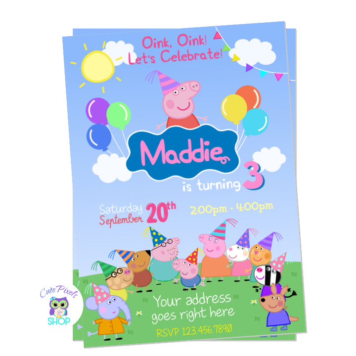 Peppa Pig invitation with balloons and all Peppa pig friends and family wearing party hats.