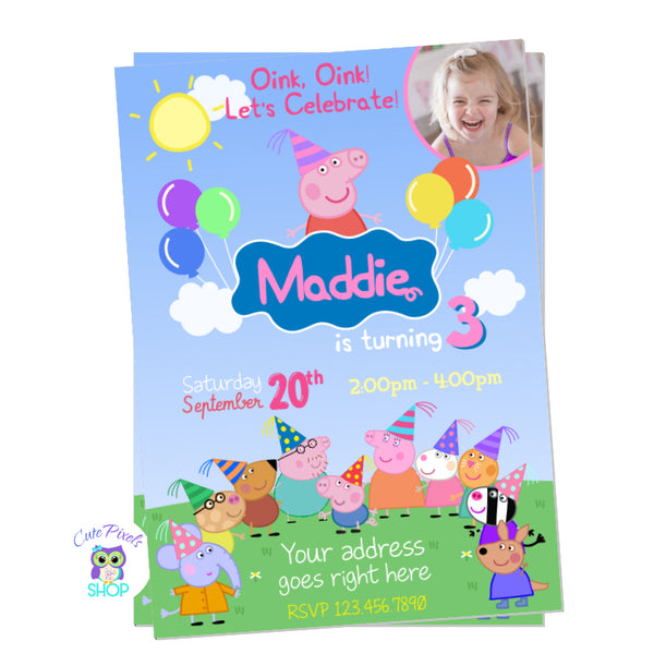 Peppa Pig invitation with balloons and all Peppa pig friends and family wearing party hats. Includes child's photo