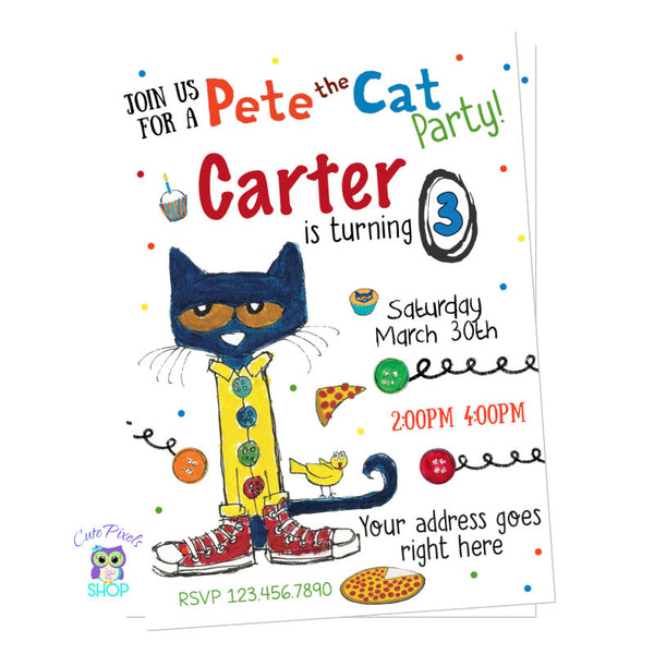 Pete the cat invitation. Pete the cat, buttons, Pizza. Perfect for a Pete the Cat Birthday Party!