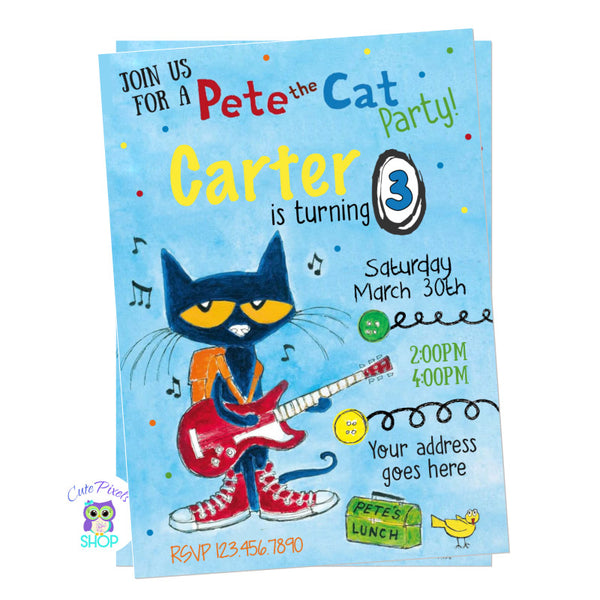 Pete the cat invitation. Blue background with Pete playing the guitar, buttons, Pete's lunch and bird. Perfect for a Pete the Cat Birthday Party!